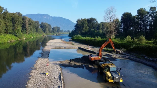 Our team is off to the races on the Vedder River Sediment Removal project for the City of Chilliwack. 
This work involves excavating accumulated sediment from the river, stockpiling material along the riverbank, and hauling it to an approved offsite location.
By restoring river capacity, this project plays an important role in reducing flood risk and protecting the surrounding community. We’re proud to be part of another project that helps build stronger, more resilient infrastructure.